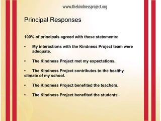 Principal Responses 100% of principals agreed with these statements: • My interactions with the Kindness Project team were  adequate.  • The Kindness Project met my expectations. • The Kindness Project contributes to the healthy  climate of my school.  • The Kindness Project benefited the teachers. • The Kindness Project benefited the students.  