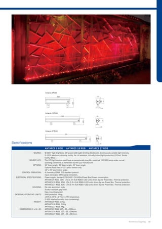 Specifications
                                 ANTARES 9 RGB             ANTARES 18 RGB             ANTARES 27 RGB

                     SOURCE :    9/18/27 high brightness 1W power LED (Light-Emitting Diode)units. Continuously variable light intensity.
                                 0-100% electronic dimming facility. No UV emission. Virtually instant light production (100ns). Strobe
                                 facility (8fps).
                 SOURCE LIFE :   The LED light sources used have an exceptionally long life: predicted 100.000 hours under normal
                                 operating conditions as mentioned by the LED manufacturer.
                    OPTIONS :    10° beam angle. 30° beam angle. 45° beam angle.
                                 Optional Frost filter for 10° optics version only.
                                 12° x 24° asymmetric angle.
         CONTROL OPERATION :     4 channels of DMX 512 standard protocol.
                                 Input and output DMX signal connectors.
   ELECTRICAL SPECIFICATIONS :   Power supply: standard 100-240V / 50-60Hz(Power Box).Power consumption:
                                 ANTARES 9 RGB, 16W, 12V /1.3 A (full RGB).6 LED units driven by one Power Box. Thermal protection.
                                 ANTARES 18 RGB, 30W, 12V /2.5 A (full RGB).6 LED units driven by one Power Box. Thermal protection.
                                 ANTARES 27 RGB, 41W, 12V /3.4 A (full RGB).4 LED units driven by one Power Box. Thermal protection.
                    HOUSING :    Die cast aluminium body.
                                 Scratch resistant grey finish.
                                 Easy mounting system.
  EXTERNAL OPERATING LIMITS :    IP66 protection rating.
                                 -20°C to 45°C (-4°F to 113°F) temperature.
                                 0-95% relative humidity (non condensing).
                     WEIGHT :    ANTARES 9 RGB: 1.7Kg.
                                 ANTARES 18 RGB: 2.8Kg.
                                 ANTARES 27 RGB: 4Kg.
      DIMENSIONS (H x W x D) :   ANTARES 9 RGB: 107 x 55 x 308mm.
                                 ANTARES 18 RGB: 107 x 55 x 596mm.
                                 ANTARES 27 RGB: 107 x 55 x 884mm.



                                                                                                                                      Architrctural Lighting   14
 