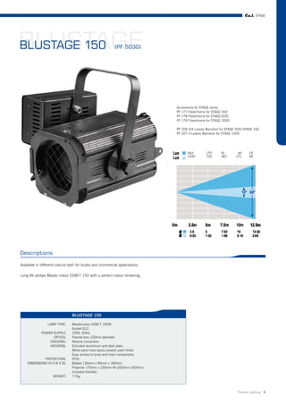 STAGE




BLUSTAGE
BLUSTAGE 150                                               (PF 5030)




                                                                              Accessories for STAGE series
                                                                              PF 177 Fileterframe for STAGE 500
                                                                              PF 178 Fileterframe for STAGE1000
                                                                              PF 179 Fileterframe for STAGE 2000

                                                                              PF 206 3/4 Leaves Barndoor for STAGE 500/ STAGE 150
                                                                              PF 207 4 Leaves Barndoor for STAGE 1000




Descriptions

Available in different colours both for studio and commercial applications.

Long life philips Master colour CDM-T 150 with a perfect colour rendering.




                                BLUSTAGE 150

                 LAMP TYPE:     Mastercolour CDM-T 150W.
                                Socket G12.
             POWER SUPPLY:      230V, 50Hz.
                   OPTICS:      Fresnel lens 120mm diameter.
                 HOUSING:       Natural convection.
                 HOUSING:       Extruded aluminium and steel plate.
                                Metal parts have epoxy powder paint finish.
                                Easy access to lamp and main components.
             PROTECTION:        IP20.
    DIMENSIONS (H X W X D):     Ballast 130mm x 95mm x 180mm .
                                Projector 170mm x 235mm W x300mm (300mm
                                included bracket).
                    WEIGHT:     7.7kg.



                                                                                                                   Theatre Lighting 6
 