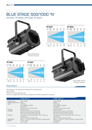 STAGE




BLUE STAGE
BLUE STAGE 500/1000 "N"
(PF 5041 PF 5043) / (PF 5045 PF 5047)




                                           BLUE STAGE 500 "N"
                                           (PF 5041 PF 5043)




                                                                                                                                    BLUE STAGE 1000 "N"
                                                                                                                                     (PF 5045 PF 5047)

Descriptions

New design and new shape for the traditional PC and Fresnel spots.
Easy to handle.
Smoother and more stable zoom rail.
All units are supplied with filter frames as standard and are fitted with protective mesh grills.


                           STAGE 500 “N”                                                      STAGE 1000 “N”
  POWER SUPPLY:      230V, 50/60Hz.                                                           230V, 50/60Hz.
  POWER:CONSUMPTION: 500W.                                                                    1000W.
  LAMP:              T/25 (Philips).                                                          CP70 (Philips).
                     Colour temperature 3000K.                                                Colour temperature 25000K.
                     Socket GY9.5.                                                            Socket GX9.5.
                     Life 600 hours (manufactures rating).                                    Life 400 hours (manufactures rating).
  COOLING:           Natural convection.                                                      Natural convection.
  HOUSING:           Extruded aluminium profile and steel plate.                              Extruded aluminium profile and steel plate.
                     Metal parts have epoxy powder paint finish.                              Metal parts have epoxy powder paint finish.
                     Easy access to lamp and main components.                                 Easy access to lamp and main components.
  CONTROL:           The projector may be mounted titled at +90°/ -45°from the                The projector may be mounted titled at +90°/ -45°from the
                     horizontal axis.                                                         horizontal axis.
                     Maximum ambient temperature 40OC.                                        Maximum ambient temperature 40OC.
  DIMENSIONS:        310mm L x 270mm W x 200mm H (350mm including bracket).                   380mm L x 300mm W x 220mm H (360mm including bracket).
  WEIGHT:            3, 5 Kg – Fresnel.                                                       5, 3 Kg-Fresnel.
                     4 Kg – Antialo.                                                          6 Kg-Antialo.


7 Theatre Lighting
 