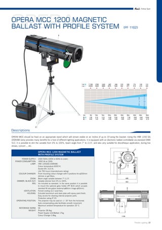 Follow Spot




OPERA
OPERA MCC 1200 MAGNETIC
BALLAST WITH PROFILE SYSTEM                                                                                                 (PF 1162)




Descriptions

OPERA MCC should be fixed on an appropriate stand which will remain stable on an incline of up to 15°using the bracket. Using the HMI 1200 GS
(OSRAM) lamp provides many benefits for a host of different lighting applications. it is equipped with an electronic ballast controllable via standard DMX
512, it is possible to dim the variable from 0% to 100%, beam angle from 7° to 11.5°, and also very suitable for discotheque application, during live
shows, concert ... etc.

                             OPERA MCC 1200 MAGNETIC BALLAST
                             WITH PROFILE SYSTEM
          POWER SUPPLY:      230V 50Hz (240V or 60Hz to order).
    POWER CONSUMPTION:       1900 VA at 230V.                                                               575
                                                                                                                  470
                 LAMP:       HMI 1200/GS (OSRAM).
                             Colour temperature 6000 K.
                             Socket SFc 15,5-6.
                             Life 750 hours (manufacturers rating).
        COLOUR CHANGER:      Front mounting colour changer with 5 positions for 200mm
                             dichroic or gel filters.
                  ZOOM:      Beam angle variable between 7°-11.5°.                                                               408
      DIMMER, BLACK-OUT:     Variable dimmer from 0% to 100%.                                                                    453
                    IRIS:    Iris included as standard. In the same position it is possible
                             to mount the optional gobo holder (PF 815) which accepts
                             standard M size gobos (external 66mm image 50mm).
             VENTILATION:    Forced cooling via 2 axial fans.
                HOUSING:     Extruded aluminium and steel plate with epoxy paint finish.
                             Easy access for cleaning internal projector parts.
                             Protection rating IP 20.
     OPERATING POSITION:     The projector may be used at +/- 16° from the horizontal.
                             Auto-compensating yoke facilitates smooth movement.
                             Maximum ambient temperature for operation 25° C.
        REFERENCE NORM:      CE
                WEIGHT:      Projector 28.5kg.
                             Power Supply Unit/Ballast 17kg.
                             Colour Changer 3.8kg.                                                                        1109



                                                                                                                                        Theatre Lighting 18
 