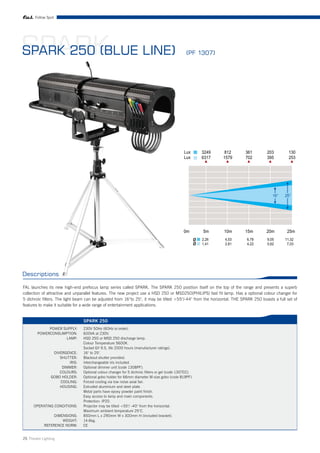 Follow Spot




SPARK LINE)
SPARK 250 (BLUE                                                                                 (PF 1307)




Descriptions

FAL launches its new high-end prefocus lamp series called SPARK. The SPARK 250 position itself on the top of the range and presents a superb
collection of attractive and unparallel features. The new project use a HSD 250 or MSD250(PHILIPS) fast fit lamp. Has a optional colour changer for
5 dichroic filters. The light beam can be adjusted from 16°to 25°, it may be tilted +55°/-44° from the horizontal. THE SPARK 250 boasts a full set of
features to make it suitable for a wide range of entertainment applications.


                                SPARK 250
             POWER SUPPLY:      230V 50Hz (60Hz to order).
        POWERCONSUMPTION:       600VA at 230V.
                    LAMP:       HSD 250 or MSD 250 discharge lamp.
                                Colour Temperature 5600K.
                                Socket GY 9.5, life 2000 hours (manufacturer ratings).
                 DIVERGENCE:    16° to 25°.
                    SHUTTER:    Blackout shutter provided.
                        IRIS:   Interchangeable iris included.
                     DIMMER:    Optional dimmer unit (code 1308PF).
                    COLOURS:    Optional colour changer for 5 dichroic filters or gel (code 1307CC).
                GOBO HOLDER:    Optional gobo holder for 66mm diameter M-size gobo (code 819PF).
                    COOLING:    Forced cooling via low noise axial fan.
                    HOUSING:    Extruded aluminium and steel plate.
                                Metal parts have epoxy powder paint finish.
                                Easy access to lamp and main components.
                                Protection: IP20.
      OPERATING CONDITIONS:     Projector may be tilted +55°/ -40° from the horizontal.
                                Maximum ambient temperature 25°C.
                 DIMENSIONS:    850mm L x 290mm W x 300mm H (included bracket).
                     WEIGHT:    14.6kg.
            REFERENCE NORM:     CE


25 Theatre Lighting
 