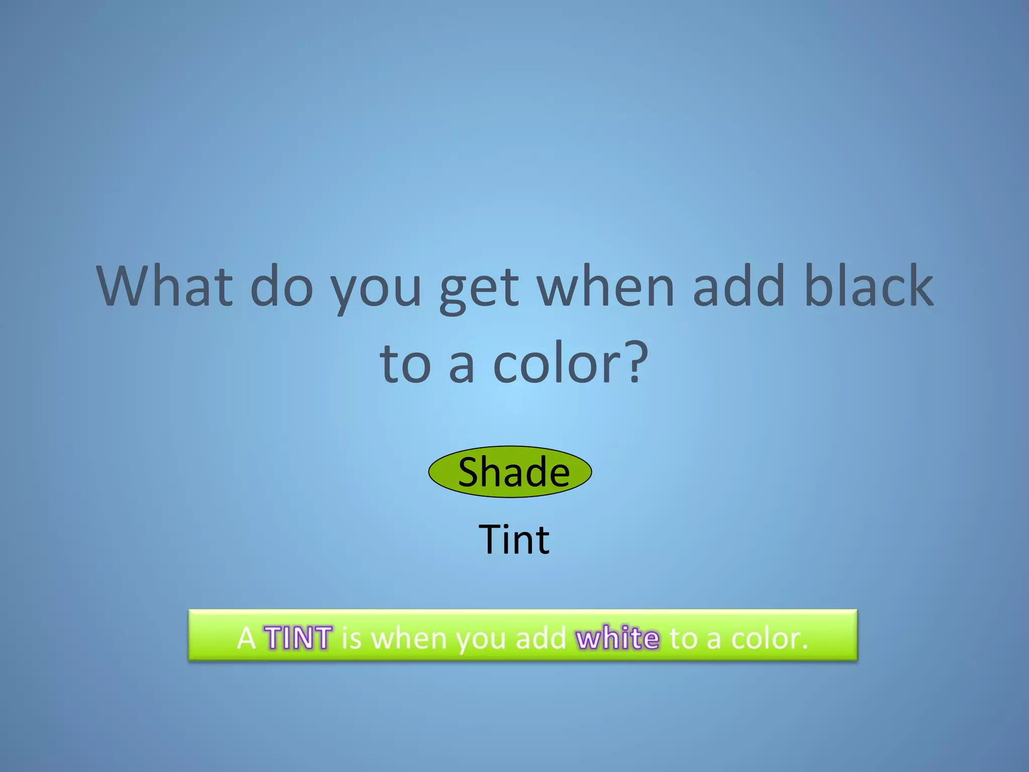 What do you get when add black to a color? Shade Tint 