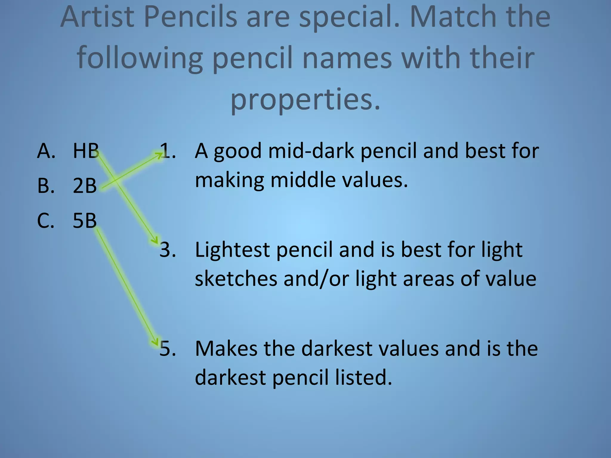 Artist Pencils are special. Match the following pencil names with their properties. HB 2B 5B A good mid-dark pencil and best for making middle values. Lightest pencil and is best for light sketches and/or light areas of value Makes the darkest values and is the darkest pencil listed. 