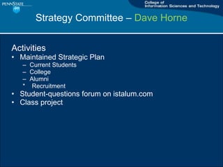 Strategy Committee C  Dave Horne Activities Maintained Strategic Plan Current Students College Alumni *  Recruitment Student-questions forum on istalum.com Class project 