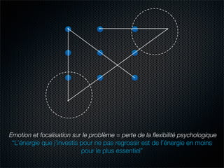 Emotion et focalisation sur le problème = perte de la ﬂexibilité psychologique
 “L’énergie que j’investis pour ne pas regrossir est de l’énergie en moins
                           pour le plus essentiel”
 