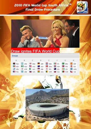 -923925-549910 -2438400226695 -323852774950Draw ignites FIFA World Cup fever…………………………  …...                  1209675551815 One of the most artistic football venues in South Africa, the newly-built Green Point Stadium is situated in one of the much sought-after areas in the city of Cape Town. Green Point Stadium is one of the two semi-final venues for the FIFA World Cup. The hottest matches will begin here.  Brazil profile                     -923925-540385   485775344805 Almost goes without saying that Brazil, the five-times world champions, go into every FIFA World Cup heavily favored to add yet another star to the legendary Amarelinha shirt. Coach Dunga, the new coach, will be fully aware that any outcome other than a sixth world crown will likely be considered a failure.      290282912618471 JULIO CESAR 2 MAICON 3 LUCIO 4 JUAN 5 FELIPE MELO 6 KLEBER 7 ELANO 8 GILBERTO SILVA 9 LUIS FABIANO 10 KAKA 11 ROBINHO 12 VICTOR 13 DANIEL ALVES 14 LUISAOPLAYER  The star players -927100-540385Spain Profile                     Spain Profile 486410139700   On a scale of one to ten, Spain's performance in qualifying for the 2010 FIFA World Cup South Africa can only is given top marks. On top of wins in each of their ten games, La Roja was the European Zone's second top scorers with 28. Maturity, resilience and the ability to overcome adversity were all in evidence during their campaign, and few national teams in world football are blessed with squads of such depth and sheer talent. The coach believe they can win in this match again.          2987748407419PLAYERIker Casillas (captain)Pepe ReinaDiego LópezRaúl AlbiolÁlvaro ArbeloaJoan CapdevilaCarlos MarchenaCarles Puyol Sergio Ramos -927248-540385Italy Profile 454660530225      Defending champions Italy will naturally be one of the leading contenders to emerge triumphant at the 2010 FIFA World Cup South Africa. Alberto Gilardino finished top scorer for Lippi's team with four strikes to his name, including a stunning hat-trick in less than 15 minutes to down Cyprus 3-2 in their final outing.  3348813835291Gianluigi BuffonFederico MarchettiMorgan De SanctisFabio CannavaroGianluca ZambrottaFabio GrossoGiorgio ChielliniNicola LegrottaglieDomenico CriscitoAngelo PalomboPLAYER  