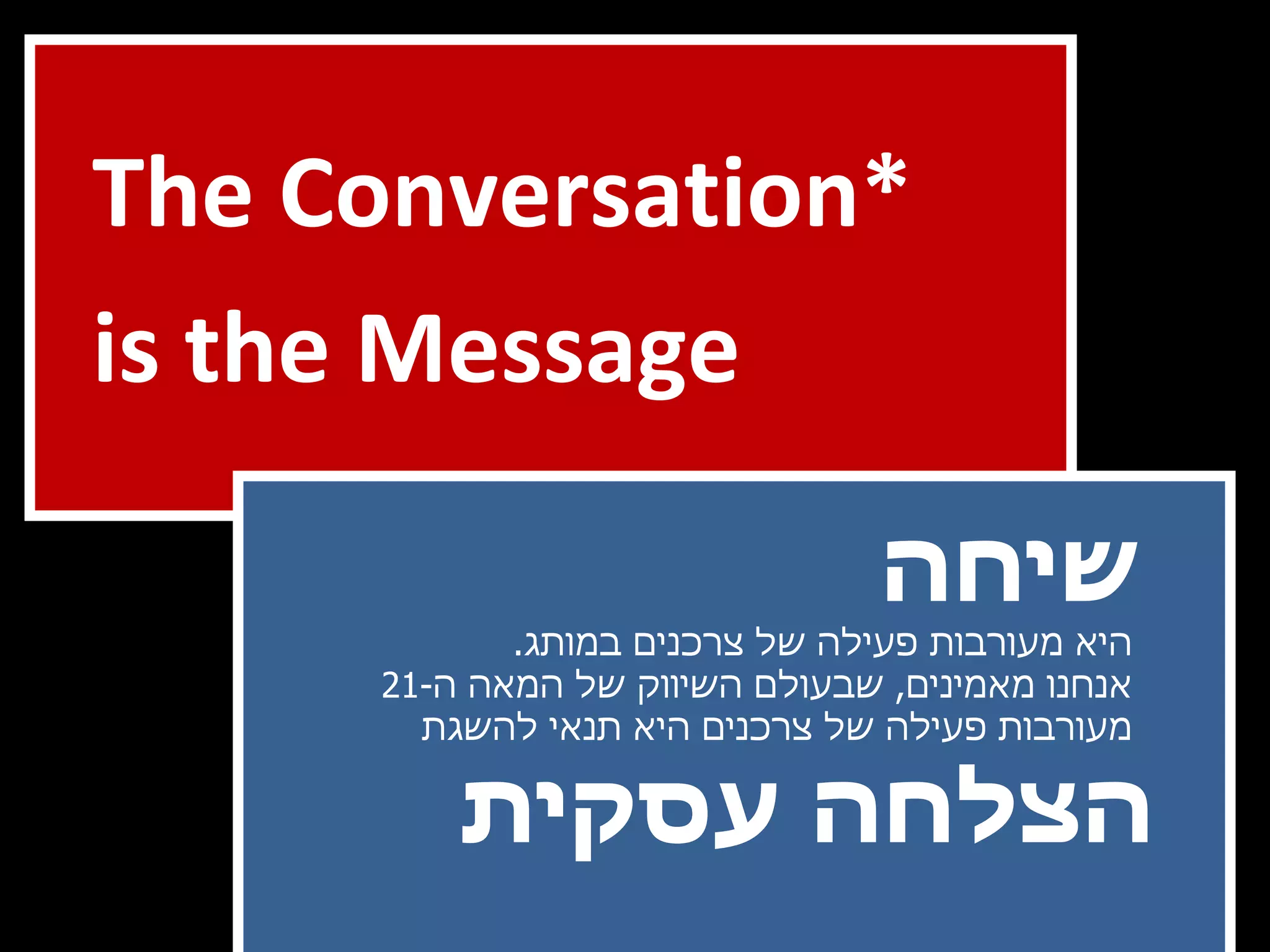 The Conversation*  is the Message שיחה היא מעורבות פעילה של צרכנים במותג .    אנחנו מאמינים ,  שבעולם השיווק של המאה ה -21  מעורבות פעילה של צרכנים היא תנאי להשגת הצלחה עסקית 