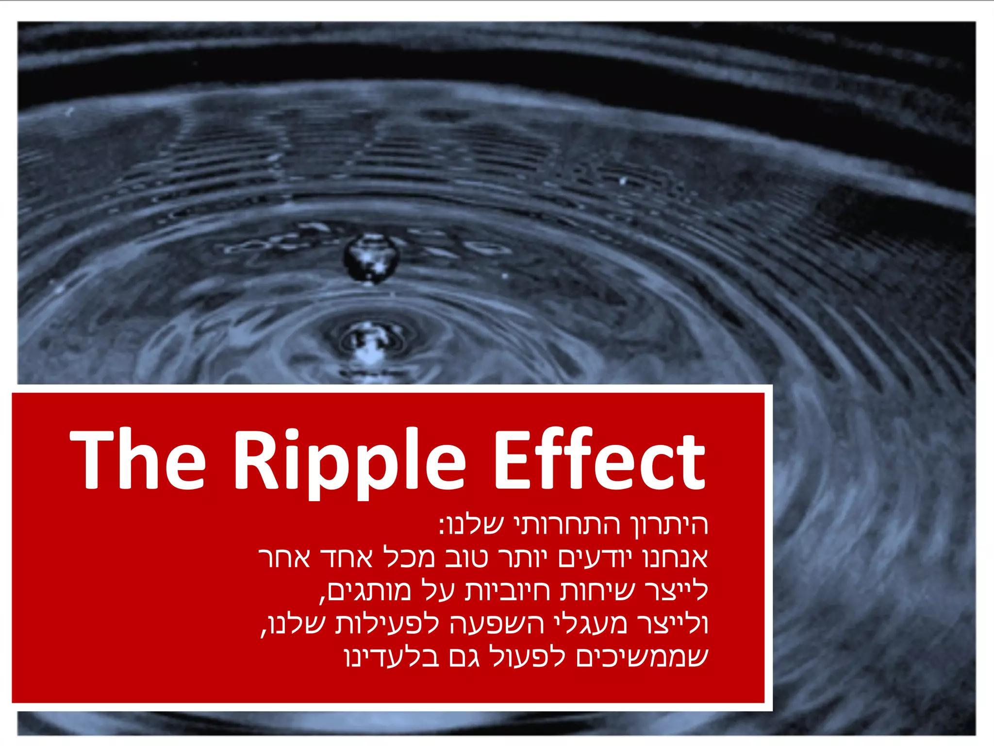 The Ripple Effect היתרון התחרותי שלנו : אנחנו יודעים יותר טוב מכל אחד אחר  לייצר שיחות חיוביות על מותגים ,  ולייצר מעגלי השפעה לפעילות שלנו ,  שממשיכים לפעול גם בלעדינו 
