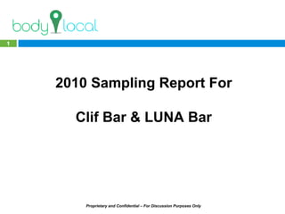 Proprietary and Confidential – For Discussion Purposes Only
111111111111111111
2010 Sampling Report For
Clif Bar & LUNA Bar
 