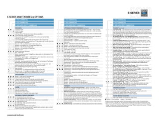 E-SERIES
E-SERIES VAN FEATURES & OPTIONS
            E-150 COMMERCIAL                                                                                     E-150 COMMERCIAL                                                                                                      E-150 COMMERCIAL
            E-250 COMMERCIAL                                                                                     E-250 COMMERCIAL                                                                                                      E-250 COMMERCIAL
            E-350 SUPER DUTY® COMMERCIAL                                                                         E-350 SUPER DUTY COMMERCIAL                                                                                           E-350 SUPER DUTY COMMERCIAL
             MECHANICAL                                                                                           APPEARANCE/COMFORT/CONVENIENCE (continued)                                                                           PACKAGES2 (continued)
        —   4.6L V8 FFV engine                                                                                   Premium Navigation Radio System featuring SIRIUS Travel LinkTM — Single-CD player,                                   Crew Van Package — 2nd-row vinyl bench seat, metal-mesh bulkhead, partial headliner,
            5.4L V8 FFV engine                                                                                   MP3 capability, audio input jack and SIRIUS Satellite Radio with 6-month subscription                                full B-pillar trim panels, low-series polypropylene side door and rear door-trim panels, LH
—   —       6.8L V10 engine                                                                                      (req. Power Group and Ford SYNC®)                                                                                    lower trim panel behind driver seat, restraints with metal retractor cover for 2nd-row bench
—   —       6.0L Power Stroke® V8 Turbo Diesel engine (limited availability)                                     Ford SYNC (incl. auto-dimming rearview mirror; req. cruise control; n/a with base radio                              seat, pull handle on 40% side door and RH back door, and front and rear vinyl floor covering
            4-speed automatic overdrive transmission                                                             or in-dash computer)                                                                                                 Dome/Cargo Light Kit — 3 additional cargo lights2
—   —       5-speed automatic TorqShift® transmission with overdrive and Tow/Haul Mode                           SIRIUS Satellite Radio with 6-month subscription (n/a with base radio or radio delete;                               No-Charge EconoCargoTM Cargo Management System — Insulated polyethylene
            (req. 6.8L V10 engine)                                                                               incl. with SIRIUS Travel Link on Premium Navigation Radio System)                                                    panels covering walls and ceiling, includes bulkhead with lockable door, 2 tracks and
—   —       5-speed automatic TorqShift transmission with overdrive (diesel engine only)                         Radio Prep Package — 2 speakers                                                                                      tie-down straps10
            AdvanceTrac® with RSC® (Roll Stability ControlTM) (gas engines only; n/a with limited-slip           Radio Prep Package — 4 speakers (n/a with E-Guard)                                                                   EconoCargo Upgrade Package (General Delivery; req. EconoCargo System) — 2 wire
            axle or aerial bucket suspension)                                                                    Radio delete                                                                                                         shelving modules (48"H x 16"D x 49"W), 2 single uprights (48"), 1 double upright (48"),
                                                                                                                 Bumpers — Front and rear contour, Black-painted                                                                      6 wire shelves (16" x 48") and 2 wire shelves (12" x 48")
            Alternator — 155-amp (5.4L V8 and 6.8L V10 engines only)
                                                                                                                 Bumpers — Front and rear contour, chrome                                                                             Mid-Series Exterior Upgrade Package — Aerodynamic headlamps, chrome grille and
—   —       Alternator — Dual-system 140-/120-amp (diesel engine only)                                                                                                                                                                black-painted front and rear contour bumpers
—   —       Alternator — 140-amp (diesel engine only)                                                            Bumper — Rear step, Black (incl. Class I Trailer Tow Prep)
                                                                                                                 Bumper — Rear step, chrome (incl. Class I Trailer Tow Prep)                                                          High-Series Exterior Upgrade Package — Front and rear contour chrome bumpers,
—   —       Alternator — 225-amp (6.8L V10 engine only)                                                                                                                                                                               chrome grille surround, and aerodynamic headlamps
            Auxiliary fuel port1                                                                                 Cruise control (req. SYNC)
                                                                                                                                                                                                                                      Insulation Package — Full-length cloth headliner, cloth sun visors, upper B-pillar trim
            Auxiliary transmission fluid cooler                                                                  Floor covering — Front vinyl                                                                                         panels, polypropylene side door and rear door-trim panels
            Axle — Limited-slip2                                                                                 Floor covering — Rear vinyl                                                                                          Interior Upgrade Package — Full-length carpeting, side/rear cargo door-trim panels, dash
            Battery — Heavy-duty auxiliary 78-amp-hr (gas engines only; incl. with Ambulance Prep                Instrument panel electronic message center with engine-hour meter (standard with                                     sound absorber, full-length cloth headliner, cloth sun visors, full B-pillar trim, dual cloth
            Package with 6.8L V10)                                                                               diesel engine; req. with integrated Trailer Brake Controller)                                                        front captain’s chairs, front carpeted floor mats, Insulation Package and Power Group
            CNG/LPG fuel-capable engine2 — Hardened intake valves, exhaust valves and valve seats                Power Group (door locks, windows, aero-style sideview mirrors, remote keyless-                                       Premium Van Group — Dual front captain’s chairs, AM/FM stereo/single-CD player with
            (late availability; 5.4L V8 and 6.8L V10 engines only)                                               entry system)                                                                                                        digital clock and 4 speakers, Exterior Upgrade Package, Power Group, cruise control and
            Engine block heater 3                                                                                Rear View Camera (n/a with base radio or radio delete)                                                               Insulation Package
—   —       Front GAWR — Maximum up to 4600 lbs.4 (Fleet only; incl. with Ambulance Prep Package                 Reverse Sensing System (req. rear step or contour bumpers and message center)                                        Modified Wiring Kit — Underhood powertrain circuit tap-ins including Power TakeOff
            and Aerial Bucket Cargo Van Suspension Package)                                                      Running boards — Door-length on driver side; full-length on passenger side                                           (PTO) functions and vehicle speed output, and modified vehicle connections for
            Integrated Trailer Brake Controller 5 (req. Trailer Tow Package, message center, and                 Side cargo door — Sliding solid panel                                                                                customized wiring harness provisions
            AdvanceTrac with RSC on 4.6L V8 and 5.4L V8; n/a with diesel engine)                                 Side cargo doors — Swing-out 60/40 doors                                                                             No-Charge Masterack® Racks and Bins Package — Fully installed steel shelving,
—   —       Power TakeOff (PTO) provision (diesel engine only)                                                   Sideview mirrors — Aero-style, manual-adjustable with manual convex spotters                                         drawers and cabinets (incl. bulkhead with lockable door) 10
—           Spare tire delete                                                                                    Sideview mirrors — Aero-style, power-adjustable with manual convex spotters 8                                        No-Charge QuietFlex® III Composite Racks and Bins Package — Enclosed lockable
    —   —   Speed limitation — 65-mph governed top speed (4.6L V8; Fleet only)                                   Sideview mirrors — Manual telescoping trailer tow, manual-adjustable with manual                                     bin, lockable wheel-well door, 2 deep drawers, 4 shallow drawers, 2 triple hooks, 10 shelf
    —   —   Speed limitation — 75-mph governed top speed (4.6L V8; Fleet only)                                   convex spotters                                                                                                      dividers and composite bulkhead with lockable door 10
            Traction Control (gas engines only; n/a with AdvanceTrac with RSC)                                   Sideview mirrors – Manual telescoping trailer tow, power-adjustable with manual                                      Racks and Bins Upgrade Package 1 (General Contractor; requires Racks and Bins
                                                                                                                 convex spotters9                                                                                                     Package) — Ship-thru ladder rack, ladder-rack crossbow
             SAFETY/SECURITY                                                                                     User-defined upfitter switches — 4 (n/a with 4.6L V8 engine; req. 155-amp or                                         Racks and Bins Upgrade Package 2 (Electrical Contractor/Appliance Repair; requires
            Airbags6 — Driver and front-passenger front                                                          225-amp alternator)                                                                                                  Racks and Bins Package) — 12-drawer cabinet,11 tilt shelf,11 toolbox door (additional), wire
            Daytime running lamps (Fleet only)                                                                   Privacy glass2                                                                                                       spool rack, triple hooks (additional) and shelf divider set (additional)
            E-Guard Cargo Protection SystemTM and side-door security system2                                     Windows — Fixed rear cargo door glass                                                                                Racks and Bins Upgrade Package 3 (Plumbing/HVAC Service; req. Racks and Bins
            Passenger airbag cut-off switch (n/a with Crew Van Package or seats delete)                                                                                                                                               Package) — 12-drawer cabinet,11 tilt shelf 11 and tank rack (3-tank capacity)
                                                                                                                 Windows — Fixed side/fixed rear cargo door glass2
            Power 4-wheel disc brakes with Anti-lock Brake System (ABS)                                                                                                                                                               Trailer Tow Prep Package — Class I — Trailer wiring harness
                                                                                                                 Windows — Swing-out side/fixed rear cargo door glass2
            SecuriLock® passive anti-theft ignition system                                                                                                                                                                            Trailer Tow Package — Class II/III/IV — Trailer wiring harness (blade-style female
                                                                                                                 Windows — All around (incl. swing-out side/fixed rear cargo door glass)                                              connector), electric brake controller tap-in capability, relay system for backup/
            Tire Pressure Monitoring System (excludes spare)
                                                                                                                  PACKAGES2                                                                                                           B+/running lights, and frame-mounted hitch receiver
             SEATING                                                                                     —   —   Aerial Bucket Cargo Van Suspension Package — 4600 lbs. front GAWR, 7810 lbs.                                          FORD WORK SOLUTIONS TM
            Dual vinyl front bucket seats                                                                        9-leaf rear springs (SRW); rear GAWR reduced to 5400 lbs. with gas engines (n/a with                                 Crew Chief TM vehicle tracking system (n/a with in-dash computer)
            Dual cloth front bucket seats                                                                        AdvanceTrac with RSC)
                                                                                                                                                                                                                                      In-dash computer featuring Windows® CE operating system with touch screen
            Dual cloth front captain’s chairs7                                                           —   —   Ambulance Prep Package — Auxiliary Heater/AC Connector Package, auxiliary fuel                                       (n/a with SYNC, SIRIUS Satellite Radio or Crew Chief)
            Power driver seat — 6-way (req. front captain’s chairs)                                              port, 4.10:1 limited-slip rear axle (diesel), 3.73:1 rear axle (6.8L V10), dual alternators
                                                                                                                 (diesel), 225-amp alternator (6.8L V10), heavy-duty 78-amp-hr battery (6.8L V10), dual                               Tool LinkTM tool tracking system (req. in-dash computer)
             APPEARANCE/COMFORT/CONVENIENCE                                                                      78-amp-hr batteries, floor pan extended side and rear, fixed side/rear door tinted glass,                             FACTORY-INVOICED ACCESSORIES
            16" steel wheels with sport wheel covers                                                             front vinyl headliner with HIC extension, maximum front GAWR, modified vehicle wiring kit                            Power CodeTM Remote Start System (req. Power Group)
            16" forged-aluminum wheels (req. gas engine)                                                         and vinyl sun visors (diesel and 6.8L V10 engines only)
                                                                                                                 Commercial Van Package — Power Group (door locks, windows, aero-style sideview                      Standard      Select Availability    Optional — Not Available
            16" White-painted steel wheels (deletes sport wheel covers; late availability)
            Air conditioning (front only)                                                                        mirrors, remote keyless-entry system), rear step bumper, fixed rear cargo door glass,         1
                                                                                                                                                                                                                   Standard on diesel, optional on gas engines. 2Restrictions apply, see dealer for details. 3Included with diesel.
            Air conditioning — High-capacity (front and rear)                                                    and cruise control                                                                                4
                                                                                                                                                                                                                     Computer selected — 4600 lbs. max. 5 TBC verified to be compatible with electrically actuated drum brakes only.
            Air conditioning delete                                                                              Handling Package — Front stabilizer bar, and heavy-duty front and rear shock absorbers            6
                                                                                                                                                                                                                     Always wear your safety belt and secure children in the rear seat if equipped. 7Available as part of Interior Upgrade
                                                                                                                                                                                                                     Package. 8Included as part of Power Group. 9Requires Power Group. 10Requires vinyl rear floor covering. 1112-drawer
            AM/FM stereo with digital clock and 2 speakers                                                                                                                                                           cabinet and tilt shelf not included on QuietFlex III Package.
            AM/FM stereo/single-CD player with MP3 capability, audio input jack, digital clock and
            4 speakers (only 2 speakers with E-Guard)




commtruck.ford.com
 