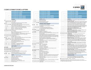 E-SERIES
E-SERIES CUTAWAY FEATURES & OPTIONS
                    E-250 SUPER DUTY® CUTAWAY                                                                          E-250 SUPER DUTY CUTAWAY                                                                                             E-250 SUPER DUTY CUTAWAY

                    E-350 SUPER DUTY CUTAWAY                                                                           E-350 SUPER DUTY CUTAWAY                                                                                             E-350 SUPER DUTY CUTAWAY

                    E-450 SUPER DUTY CUTAWAY                                                                           E-450 SUPER DUTY CUTAWAY                                                                                             E-450 SUPER DUTY CUTAWAY

                    E-350 SUPER DUTY STRIPPED CHASSIS                                                                  E-350 SUPER DUTY STRIPPED CHASSIS                                                                                    E-350 SUPER DUTY STRIPPED CHASSIS

                    E-450 SUPER DUTY STRIPPED CHASSIS                                                                  E-450 SUPER DUTY STRIPPED CHASSIS                                                                                    E-450 SUPER DUTY STRIPPED CHASSIS

                     MECHANICAL                                                                                         SEATING (continued)                                                                                                 PACKAGES1
    —   —   —   —   4.6L V8 FFV engine                                                             —           —   —   Manual Seat Prep Package                                                             —     —     —                  AC Prep Package — Scroll compressor, condenser, drive belt, tensioner-
                                                                                                   —           —   —   Power Seat Prep Package                                                                                             attaching brackets and bolts
—                   5.4L V8 FFV engine
                                                                                                   —           —   —   Manual pedestal with 2-way adjuster                                                  —                  —     —     Ambulance Prep Package — Auxiliary Heater/AC Connector Package, auxiliary
—                   6.8L V10 engine                                                                                                                                                                                                        fuel port, vinyl headliner and sun visors, front max. GAWR, 4.10:1 limited-slip
—           —   —   6.0L Power Stroke® V8 Turbo Diesel engine (limited availability)               —   —   —           Seats not included (no pedestal)
                                                                                                                                                                                                                                           rear axle (E-350/E-450 with diesel; E-350 with 6.8L V10), 4.56:1 limited-
        —   —   —   4-speed automatic overdrive transmission                                                            APPEARANCE/COMFORT/CONVENIENCE                                                                                     slip rear axle (E-450 with 6.8L V10), dual alternators (diesel), 225-amp
—                   5-speed automatic TorqShift® transmission with overdrive and Tow/Haul                  —       —   16" Grey-painted steel wheels (SRW only)                                                                            alternator (6.8L V10), dual 78-amp-hr batteries, heavy-duty 78-amp-hr
                    Mode (5.4L V8 and 6.8L V10 engines only)                                               —       —   16" White-painted steel wheels (SRW only; req. gas engine;                                                          battery (6.8L V10), front license plate bracket, manual-telescoping trailer tow
—           —   —   5-speed automatic TorqShift transmission with overdrive (diesel engine only)                       late availability)                                                                                                  mirrors, spare tire and wheel, frame pucks (diesel and 6.8L V10 engines only)
—                   Alternator — 155-amp (5.4L V8 and 6.8L V10 engines only)                       —                   16" White-painted steel wheels (DRW only)                                            —                  —     —     Auxiliary Heater/Air Conditioning Connector Package — Front heater
—           —   —   Alternator — Dual-system 140-/120-amp (diesel engine only)                             —       —   16" steel wheels with sport wheel covers (SRW only)                                                                 connector and front air conditioning connector
—           —   —   Alternator — 140-amp (diesel engine only)                                              —   —   —   16" forged-aluminum wheels (SRW with gas engine only)                                —                  —     —     Auxiliary Heater/Air Conditioning Connector Package
—                   Alternator — 225-amp (6.8L V10 engine only)                                                                                                                                                                            w/Rear Controls
                                                                                                               —   —   Air conditioning (front)
                    Auxiliary fuel port                                                                                                                                                                                        —     —     Mid-Series Exterior Upgrade Package — Aerodynamic headlamps, chrome
                                                                                                                       Air conditioning delete                                                                                             grille and black-painted front and rear contour bumpers
                    Axle — Limited-slip1                                                           —           —   —   Airbag delete — Passenger side1
            —   —   Battery — Heavy-duty auxiliary, 78-amp-hr (gas engines only; incl. with                                                                                                                                    —     —     High-Series Exterior Upgrade Package — Front chrome bumper and grille
                                                                                                               —   —   AM/FM stereo with digital clock and 2 speakers                                                                      surround, and aerodynamic headlamps
                    Ambulance Prep Package with 6.8L V10)                                                      —   —   AM/FM stereo/single-CD player with MP3 capability, audio input jack, digital
                    CNG/LPG fuel-capable engine1 — Hardened intake valves, exhaust valves and                                                                                                                                              Handling Package — Front stabilizer bar, and heavy-duty front and rear
                                                                                                                       clock and 2 speakers                                                                                                shock absorbers
                    valve seats (late availability; 5.4L V8 and 6.8L V10 engines only)                         —   —   Premium Navigation Radio System featuring SIRIUS Travel LinkTM —
                    Electronic Throttle Control (ETC)                                                                                                                                                                          —     —     Insulation Package — Front cloth headliner and cloth sun visors
                                                                                                                       Single-CD player, MP3 capability, audio input jack and SIRIUS Satellite Radio                           —     —     Interior Upgrade Package — Front cloth headliner, high-series door-trim
                    Engine block heater 2                                                                              with 6-month subscription (req. Power Windows and Locks Group and SYNC)                                             panels, dual cloth front captain’s chairs, cloth sun visors, carpet, power
—                   Front GAWR — Maximum (Fleet only) 1                                                        —   —   Ford SYNC® (incl. auto-dimming rearview mirror; req. cruise control; n/a with                                       windows and door locks, and Insulation Package
        —   —   —   Fuel tank — 35-gallon capacity midship (available with E-250 and E-350 SRW)                        base radio, radio delete or in-dash computer)                                        —                  —     —     Motorhome Prep Package — Front chrome bumper and grille, aerodynamic
—                   Fuel tank — 40-gallon capacity aft of axle                                                 —   —   SIRIUS Satellite Radio with 6-month subscription (n/a with base                                                     headlamps, power windows/door locks, manual pedestals (seats not incl.),
—                   Fuel tank — 55-gallon capacity aft of axle (DRW only)                                              radio or radio delete; incl. with SIRIUS Travel Link on Premium Navigation                                          cloth sun visors, Class I Trailer Tow Prep Package, cruise control, exterior
—           —   —   Integrated Trailer Brake Controller 3 (req. Trailer Tow Package and message                        Radio System)                                                                                                       mirrors delete, fixed antenna, front max. GAWR (E-450), frame pucks, and
                    center; n/a with diesel engine or 53H)                                                     —   —   4-Speaker Upgrade Package (incl. 2 installed and 2 boxed speakers)                                                  front license plate bracket (40-gallon fuel tank with E-350 Super Duty with
—           —   —   Power TakeOff (PTO) provision (diesel engine only)                                         —   —   Radio Prep Package — 2 speakers                                                                                     138" or 176" WB)
                    Spare tire and wheel                                                                       —   —   Radio Prep Package — 4 speakers                                                      —                  —     —     Right-Hand Door Delete Package — Deletes passenger seat, safety belt
                    Speed limitation — 65-mph governed top speed2                                                      Radio delete                                                                                                        and hardware; passenger airbag; A-pillar grab handle; sun visor; speaker
        —       —   Speed limitation — 75-mph governed top speed2                                              —   —   Bumper — Front, Black-painted                                                                                       and headliner
                    Traction Control (gas engines only)                                                        —   —   Bumper — Front, White-painted                                                        —                  —     —     School Bus Prep Package — Front license plate bracket, banded front door
                                                                                                               —   —   Cruise control (req. SYNC)                                                                                          glass (tinted), high-back driver seat only, 155-amp alternator (gas), 140-amp
                     SAFETY/SECURITY                                                               —           —   —   Frame spacers — Alternate lateral1                                                                                  alternator (diesel), 40-gallon fuel tank (E-350/E-450 DRW), and frame pucks;
            —   —   Airbags 4 — Driver and front-passenger front                                   —           —   —   Frame spacers — Standard pattern1                                                                                   deletes passenger seat/pedestal and attaching hardware, passenger safety
            —   —   Belt-Minder® front safety belt reminder                                                                                                                                                                                belt system, passenger B-pillar trim and scuff plate, passenger-side front
                                                                                                               —   —   Instrument panel electronic message center with engine-hour meter                                                   airbag, sideview mirrors and front headliner
                    Daytime running lamps (Fleet only)                                                                 (standard with diesel engine)
                    Dual-note horn                                                                                                                                                                          —                  —     —     Shuttle Bus Prep Package — Front chrome bumper and grille, aerodynamic
                                                                                                                       Modified vehicle wiring kit and system                                                                              headlamps, manual pedestals (seats not incl.), frame pucks, power windows
            —   —   Passenger airbag cut-off switch1                                                           —   —   Power points — 3                                                                                                    and door locks, front license plate bracket, front max. GAWR (E-450),
                    Power 4-wheel disc brakes with Anti-lock Brake System (ABS)                                —   —   Power Windows and Locks Group                                                                                       155-amp alternator (gas), 140-amp alternator (diesel), exterior mirrors
            —   —   Remote keyless-entry system5                                                   —           —   —   Pucks — Frame isolator (n/a with 53H) 1                                                                             delete, engine block heater, driver and front-passenger airbags; deletes front
        —   —   —   SecuriLock® passive anti-theft ignition system (SRW only)                                  —   —   Rearview mirror — Interior day/night                                                                                headliner, front vinyl floor covering and front dome lamp
        —       —   Tire Pressure Monitoring System (SRW only; excl. spare)                                    —   —   Running boards — Door-length                                                                            —     —     Trailer Tow Prep Package — Class I
                     SEATING                                                                               —   —   —   Sideview mirrors — Aero-style manual-adjustable with manual convex spotters
                                                                                                                                                                                                                                            FORD WORK SOLUTIONS TM
—           —   —   Captain’s chair — Cloth, driver side only                                                  —   —   Sideview mirrors — Manual telescoping trailer tow, manual-adjustable with
                                                                                                                       manual convex spotters                                                                                  —     —     Crew Chief vehicle tracking system (n/a with in-dash computer)
—           —   —   Captain’s chair — Without trim, driver side only                                                                                                                                                           —     —     In-dash computer featuring Windows CE operating system with
                                                                                                               —   —   Sideview mirrors — Manual telescoping trailer tow, power-adjustable with
            —   —   Dual vinyl front bucket seats                                                                      manual convex spotters5                                                                                             touch screen (n/a with SYNC, SIRIUS Satellite Radio or Crew Chief)
            —   —   Dual cloth front bucket seats                                                                      Tilt steering wheel                                                                   Standard       Select Availability   Optional — Not Available
            —   —   Dual cloth front captain’s chairs                                              —           —   —   User-defined upfitter switches — 4 (n/a with 4.6L V8 engine; req. 155-amp or    1
—           —   —   Dual front captain’s chairs — Without trim                                                                                                                                             Restrictions apply, see dealer for details. 2Standard on diesel, optional on gas engines. 3TBC verified to be
                                                                                                                       225-amp alternator)                                                                 compatible with electrically actuated drum brakes only. 4Always wear your safety belt and secure children in the rear
            —   —   Power driver seat — 6-way (req. front captain’s chairs)                                            Windshield wipers — Interval (controls only on Stripped Chassis,                    seat. 5Requires Power Windows and Locks Group.
—           —   —   Passenger seat delete1                                                                             no wiper motor)




commtruck.ford.com
 