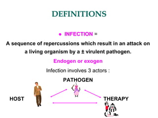 DEFINITIONS
 INFECTION =
A sequence of repercussions which result in an attack on
a living organism by a ± virulent pathogen.
Endogen or exogen
Infection involves 3 actors :
PATHOGEN
HOST THERAPY
 