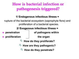 1/ Endogenous infectious illness =
rupture of the bacterial ecosystem (saprophyte flora) and
proliferation of a bacterial species.
2/ Exogenous infectious illness =
 penetration of pathogens within
 proliferation the organ
 How do they proliferate?
 How are they pathogenic?
 How do they penetrate?
How is bacterial infection or
pathogenesis triggered?
 