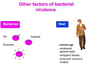 Other factors of bacterial
virulence
Bacterium Host
Pili Capsule
Enzymes - extreme age
- weakened
general state,
- iatrogenic factors ,
- entry port: wound or
surgery.
 