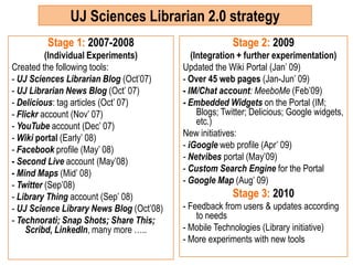 UJ Sciences Librarian 2.0 strategy<br />Stage 1: 2007-2008  <br />(Individual Experiments)<br />Created the following tool...