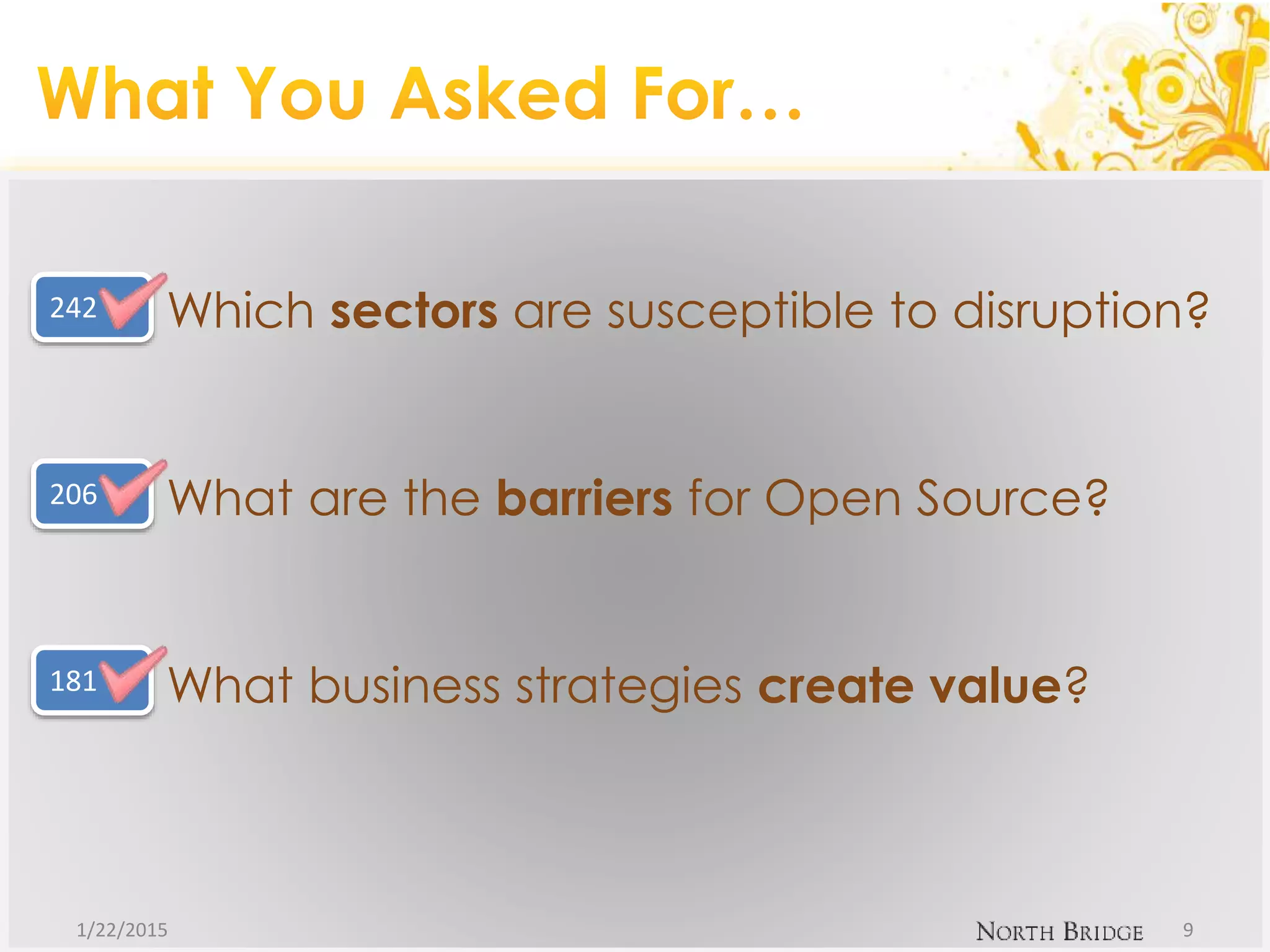 Which sectors are susceptible to disruption?
What are the barriers for Open Source?
What business strategies create value?
1/22/2015 9
242
206
181
 