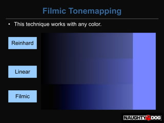 Filmic Tonemapping
• This technique works with any color.


 Reinhard




  Linear



  Filmic
 