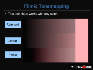 Filmic Tonemapping
• This technique works with any color.


 Reinhard




  Linear



  Filmic
 