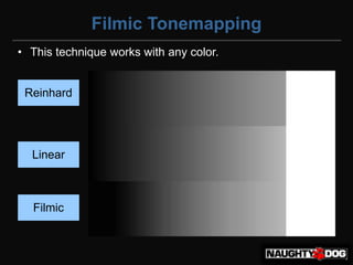 Filmic Tonemapping
• This technique works with any color.


 Reinhard




  Linear



  Filmic
 