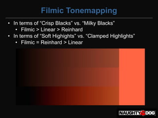 Filmic Tonemapping
• In‫‏‬terms‫‏‬of‫“‏‬Crisp‫‏‬Blacks”‫‏‬vs.‫“‏‬Milky‫‏‬Blacks”
   • Filmic > Linear > Reinhard
• In‫‏‬terms‫‏‬of‫“‏‬Soft‫‏‬Highights”‫‏‬vs.‫“‏‬Clamped‫‏‬Highlights”
   • Filmic = Reinhard > Linear
 