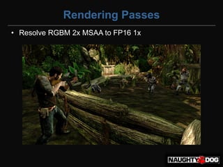 Rendering Passes
• Resolve RGBM 2x MSAA to FP16 1x
 