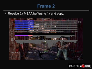 Frame 2
• Resolve 2x MSAA buffers to 1x and copy.
 