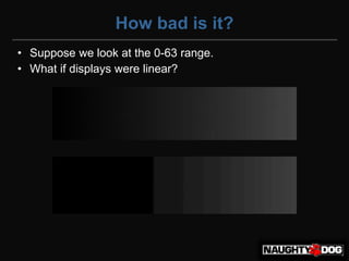 How bad is it?
• Suppose we look at the 0-63 range.
• What if displays were linear?
 