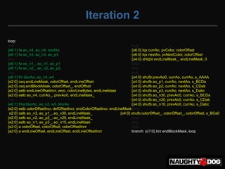 Iteration 2

loop:
nop                                                                          lnop
{e6:1} fa ao_n4, ao_n4, nextAo                                               {o6:0} lqx currAo, pvColor, colorOffset
{e6:1} fa ao_n3, ao_n3, ao_p3                                                {o6:0} lqx nextAo, pvNextColor, colorOffset
nop                                                                          {o4:0} shlqbii endLineMask_, endLineMask, 0
{e6:1} fa ao_n1_, ao_n1, ao_p1                                               lnop
{e6:1} fa ao_n2_, ao_n2, ao_p2                                               lnop
nop                                                                          lnop
{e6:1} fm blurAo, ao_n4, w4                                                  {o4:0} shufb prevAo0, currAo, currAo, s_AAAA
{e2:0} ceq endLineMask, colorOffset, endLineOffset                           {o4:0} shufb ao_p1, currAo, nextAo, s_BCDa
{e2:0} ceq endBlockMask, colorOffset_, endOffset                             {o4:0} shufb ao_p2, currAo, nextAo, s_CDab
{e2:0} selb endLineOffsetIncr, zero, colorLineBytes, endLineMask             {o4:0} shufb ao_p3, currAo, nextAo, s_Dabc
{e2:0} selb ao_n4, currAo_, prevAo0, endLineMask_                            {o4:0} shufb ao_n30, prevAo0, currAo, s_BCDa
nop                                                                          {o4:0} shufb ao_n20, prevAo0, currAo, s_CDab
{e6:1} fma blurAo, ao_n3, w3, blurAo                                         {o4:0} shufb ao_n10, prevAo0, currAo, s_Dabc
{e2:0} selb colorOffsetIncr, defOffsetIncr, endColorOffsetIncr, endLineMask lnop
{e2:0} selb ao_n3, ao_p1_, ao_n30, endLineMask_                       {o4:0} shufb colorOffset_, colorOffset_, colorOffset, s_BCa0
{e2:0} selb ao_n2, ao_p2_, ao_n20, endLineMask_                              lnop
{e2:0} selb ao_n1, ao_p3_, ao_n10, endLineMask_                              lnop
{e2:0} a colorOffset, colorOffset, colorOffsetIncr                           lnop
{e2:0} a endLineOffset, endLineOffset, endLineOffsetIncr                     branch: {o?:0} brz endBlockMask, loop
 