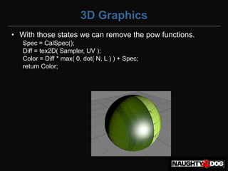 3D Graphics
• With those states we can remove the pow functions.
   Spec = CalSpec();
   Diff = tex2D( Sampler, UV );
   Color = Diff * max( 0, dot( N, L ) ) + Spec;
   return Color;
 