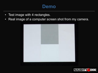 Demo
• Test image with 4 rectangles.
• Real image of a computer screen shot from my camera.
 