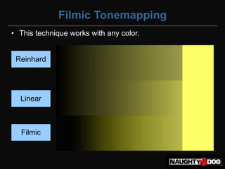 Filmic Tonemapping
• This technique works with any color.


 Reinhard




  Linear



  Filmic
 