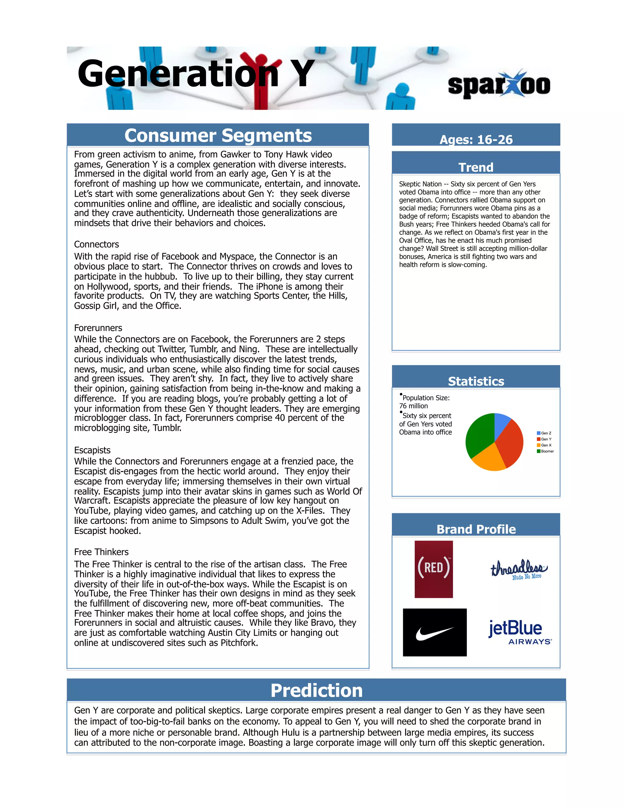 Generation Y
             Consumer Segments                                                                  Ages: 16-26
From green activism to anime, from Gawker to Tony Hawk video
games, Generation Y is a complex generation with diverse interests.                                     Trend
Immersed in the digital world from an early age, Gen Y is at the
forefront of mashing up how we communicate, entertain, and innovate.              Skeptic Nation -- Sixty six percent of Gen Yers
Let&rsquo;s start with some generalizations about Gen Y: they seek diverse              voted Obama into office -- more than any other
                                                                                  generation. Connectors rallied Obama support on
communities online and offline, are idealistic and socially conscious,            social media; Forrunners wore Obama pins as a
and they crave authenticity. Underneath those generalizations are                 badge of reform; Escapists wanted to abandon the
mindsets that drive their behaviors and choices.                                  Bush years; Free Thinkers heeded Obama's call for
                                                                                  change. As we reflect on Obama's first year in the
                                                                                  Oval Office, has he enact his much promised
Connectors                                                                        change? Wall Street is still accepting million-dollar
With the rapid rise of Facebook and Myspace, the Connector is an                  bonuses, America is still fighting two wars and
obvious place to start. The Connector thrives on crowds and loves to              health reform is slow-coming.
participate in the hubbub. To live up to their billing, they stay current
on Hollywood, sports, and their friends. The iPhone is among their
favorite products. On TV, they are watching Sports Center, the Hills,
Gossip Girl, and the Office.

Forerunners
While the Connectors are on Facebook, the Forerunners are 2 steps
ahead, checking out Twitter, Tumblr, and Ning. These are intellectually
curious individuals who enthusiastically discover the latest trends,
news, music, and urban scene, while also finding time for social causes
and green issues. They aren&rsquo;t shy. In fact, they live to actively share                            Statistics
their opinion, gaining satisfaction from being in-the-know and making a
difference. If you are reading blogs, you&rsquo;re probably getting a lot of            &bull; Population Size:
                                                                                  76 million
your information from these Gen Y thought leaders. They are emerging              &bull; Sixty six percent
microblogger class. In fact, Forerunners comprise 40 percent of the
                                                                                  of Gen Yers voted
microblogging site, Tumblr.                                                       Obama into office

Escapists
While the Connectors and Forerunners engage at a frenzied pace, the
Escapist dis-engages from the hectic world around. They enjoy their
escape from everyday life; immersing themselves in their own virtual
reality. Escapists jump into their avatar skins in games such as World Of
Warcraft. Escapists appreciate the pleasure of low key hangout on
YouTube, playing video games, and catching up on the X-Files. They
like cartoons: from anime to Simpsons to Adult Swim, you&rsquo;ve got the
Escapist hooked.                                                                               Brand Profile
Free Thinkers
The Free Thinker is central to the rise of the artisan class. The Free
Thinker is a highly imaginative individual that likes to express the
diversity of their life in out-of-the-box ways. While the Escapist is on
YouTube, the Free Thinker has their own designs in mind as they seek
the fulfillment of discovering new, more off-beat communities. The
Free Thinker makes their home at local coffee shops, and joins the
Forerunners in social and altruistic causes. While they like Bravo, they
are just as comfortable watching Austin City Limits or hanging out
online at undiscovered sites such as Pitchfork.




                                                   Prediction
Gen Y are corporate and political skeptics. Large corporate empires present a real danger to Gen Y as they have seen
the impact of too-big-to-fail banks on the economy. To appeal to Gen Y, you will need to shed the corporate brand in
lieu of a more niche or personable brand. Although Hulu is a partnership between large media empires, its success
can attributed to the non-corporate image. Boasting a large corporate image will only turn off this skeptic generation.
 