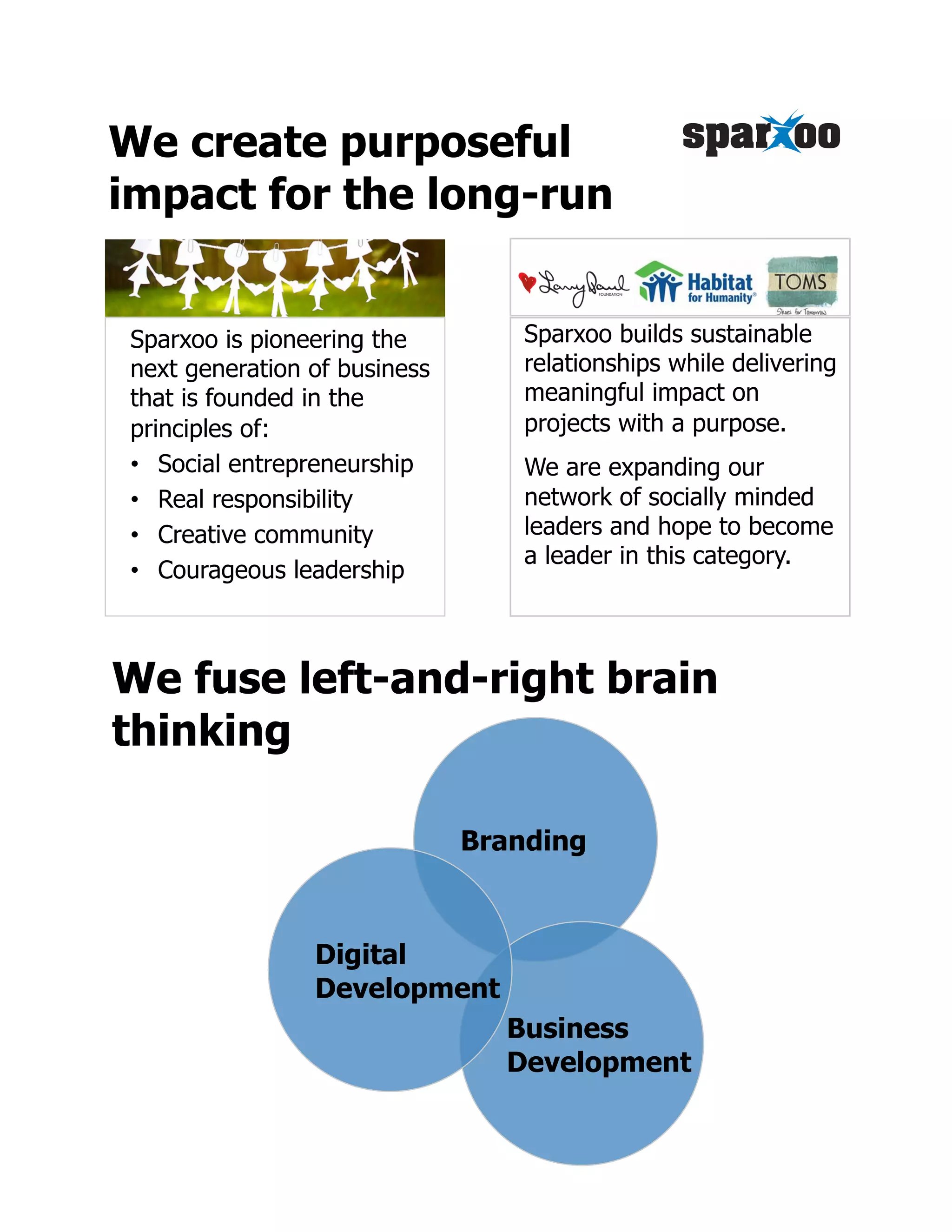 We create purposeful
impact for the long-run


Sparxoo is pioneering the         Sparxoo builds sustainable
next generation of business       relationships while delivering
that is founded in the            meaningful impact on
principles of:                    projects with a purpose.
&bull;  Social entrepreneurship        We are expanding our
&bull;  Real responsibility            network of socially minded
&bull;  Creative community             leaders and hope to become
                                  a leader in this category.
&bull;  Courageous leadership



We fuse left-and-right brain
thinking

                              Branding



                Digital
                Development
                                Business
                                Development
 