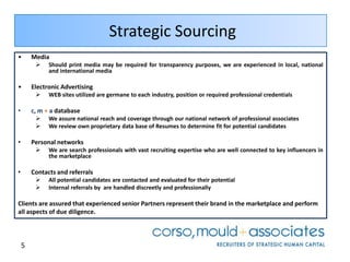 Bring over 75 years business and recruiting experience, across multiple functions and industry sectorsOur MissionWe will be the leaders in the recruitment of Strategic Human Capital by delivering the highest caliber of leadership talent aligned withour client’s strategic growth, and by continually redefining standards of excellence, professionalism, innovation and integrity in the industry.We will foster new leadership successes through the rigorous application of process due diligence, and a focus on exceptional candidate fit to maximize returns on our clients’ investment in leadership talent.“Your Success is Our Success!”2
