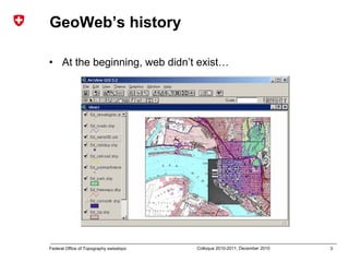 3Federal Office of Topography swisstopo Colloque 2010-2011, December 2010
GeoWeb’s history
• At the beginning, web didn’t exist…
 