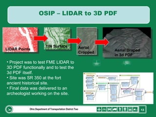 Ohio Department of Transportation District Two LIDAR Points TIN Surface Aerial Cropped Aerial Draped in 3d PDF Project was to test FME LIDAR to 3D PDF functionally and to test the 3d PDF itself. Site was SR 350 at the fort ancient historical site. Final data was delivered to an archeologist working on the site. OSIP – LIDAR to 3D PDF 