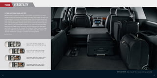 YUKON                      VERSATILITY

      IS THERE ANYTHING YUKON CAN’T DO?
      With the keys to a Yukon or Yukon XL in your pocket, you know you can easily
      handle virtually any combination of people and cargo. Both models can seat up to
      nine occupants* in comfort, and the power release fold-and-tumble second-row
      seats available on SLT models make accessing the third-row seat a breeze. With
      a full quota of passengers on board, Yukon still has space for 479 litres of gear,
      while Yukon XL can accommodate a massive 1297 litres. For additional cargo
      space and even bigger loads, the second- and third-row seats fold away easily,
      and the third-row seat can be removed. So conﬁgured, Yukon’s maximum cargo
      capacity is 3084 litres and Yukon XL’s is a vast 3891 litres. Both interiors also
      pass the ultimate test: carrying 4' x 8' sheets of building material.

     * When properly equipped.




                                               Cargo capacity: Yukon 479 L, Yukon XL 1297 L
                                               Seating: 8 as shown, up to 9 with front bench seat.




                                               Cargo capacity: Yukon 1708 L, Yukon XL 2549 L
                                               Seating: 5 as shown, up to 6 with front bench.




                                               Cargo capacity: Yukon 1708 L+, Yukon XL 2549 L+
                                               Seating: 3 as shown, up to 4 with front bench.




                                               Cargo capacity: Yukon 3084 L, Yukon XL 3891 L
                                               Seating: 2 as shown, up to 3 with front bench.




                                                                                                     YUKON XL SLT INTERIOR, shown in Ebony with 3rd-row removed and 2nd-row partially folded.


14                                                                                                                                                                                              15
 