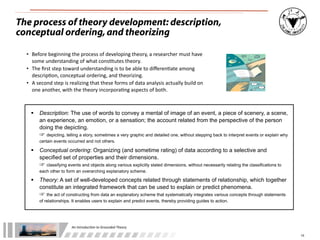 An	
  Introduc+on	
  to	
  Grounded	
  Theory
15
The process of theory development: description,
conceptual ordering,and theorizing
 Description: The use of words to convey a mental of image of an event, a piece of scenery, a scene,
an experience, an emotion, or a sensation; the account related from the perspective of the person
doing the depicting.
☞ depicting, telling a story, sometimes a very graphic and detailed one, without stepping back to interpret events or explain why
certain events occurred and not others.
 Conceptual ordering: Organizing (and sometime rating) of data according to a selective and
specified set of properties and their dimensions.
☞ classifying events and objects along various explicitly stated dimensions, without necessarily relating the classifications to
each other to form an overarching explanatory scheme.
 Theory: A set of well-developed concepts related through statements of relationship, which together
constitute an integrated framework that can be used to explain or predict phenomena.
☞ the act of constructing from data an explanatory scheme that systematically integrates various concepts through statements
of relationships. It enables users to explain and predict events, thereby providing guides to action.
• Before	
  beginning	
  the	
  process	
  of	
  developing	
  theory,	
  a	
  researcher	
  must	
  have	
  
some	
  understanding	
  of	
  what	
  cons/tutes	
  theory.
• The	
  ﬁrst	
  step	
  toward	
  understanding	
  is	
  to	
  be	
  able	
  to	
  diﬀeren/ate	
  among	
  
descrip/on,	
  conceptual	
  ordering,	
  and	
  theorizing.
• A	
  second	
  step	
  is	
  realizing	
  that	
  these	
  forms	
  of	
  data	
  analysis	
  actually	
  build	
  on	
  
one	
  another,	
  with	
  the	
  theory	
  incorpora/ng	
  aspects	
  of	
  both.
 