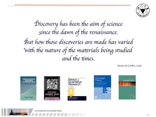 An	
  Introduc+on	
  to	
  Grounded	
  Theory
2
Discovery has been the aim of science
since the dawn of the renaissance.
But how those discoveries are made has varied
with the nature of the materials being studied
and the times.
Strauss & Corbin, 1998
 