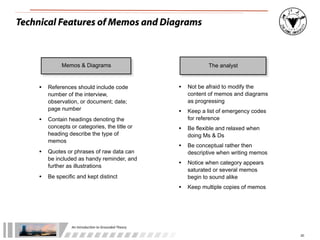 An	
  Introduc+on	
  to	
  Grounded	
  Theory
20
Technical Features of Memos and Diagrams
Memos & Diagrams The analyst
• Not be afraid to modify the
content of memos and diagrams
as progressing
• Keep a list of emergency codes
for reference
• Be flexible and relaxed when
doing Ms & Ds
• Be conceptual rather then
descriptive when writing memos
• Notice when category appears
saturated or several memos
begin to sound alike
• Keep multiple copies of memos
• References should include code
number of the interview,
observation, or document; date;
page number
• Contain headings denoting the
concepts or categories, the title or
heading describe the type of
memos
• Quotes or phrases of raw data can
be included as handy reminder, and
further as illustrations
• Be specific and kept distinct
 