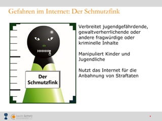 Gefahren im Internet: Der Schmutzfink Verbreitet jugendgefährdende,  gewaltverherrlichende oder  andere fragwürdige oder  kriminelle Inhalte Manipuliert Kinder und  Jugendliche Nutzt das Internet für die  Anbahnung von Straftaten 