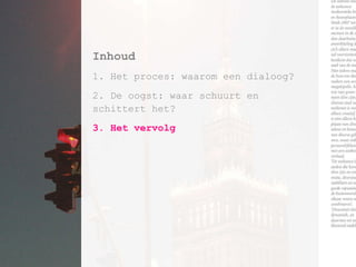 Inhoud 1. Het proces: waarom een dialoog? 2. De oogst: waar schuurt en  schittert het? 3. Het vervolg 