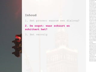 Inhoud 1. Het proces: waarom een dialoog? 2. De oogst: waar schuurt en  schittert het? 3. Het vervolg 