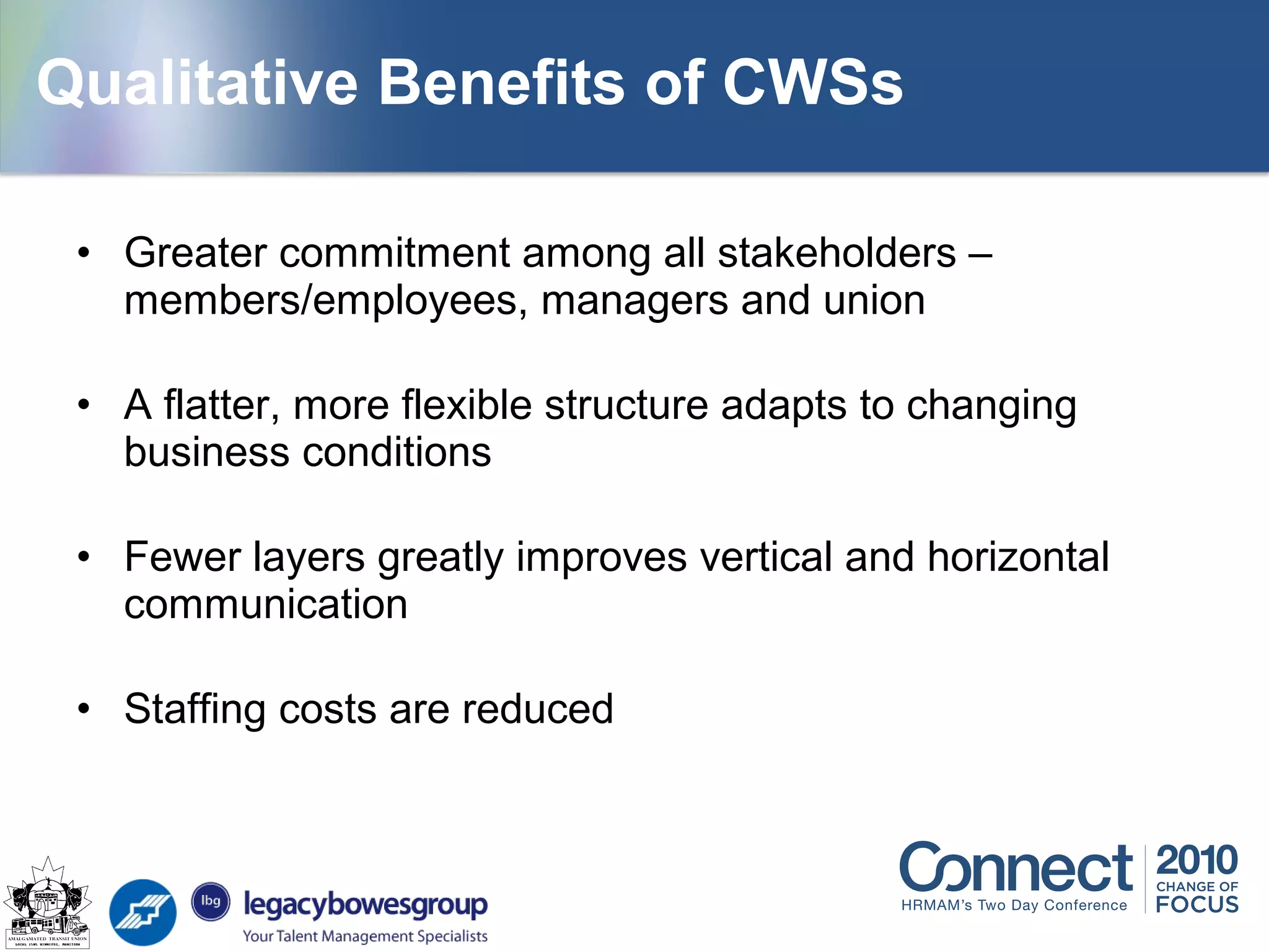 • Greater commitment among all stakeholders –
members/employees, managers and union
• A flatter, more flexible structure adapts to changing
business conditions
• Fewer layers greatly improves vertical and horizontal
communication
• Staffing costs are reduced
Qualitative Benefits of CWSs
 
