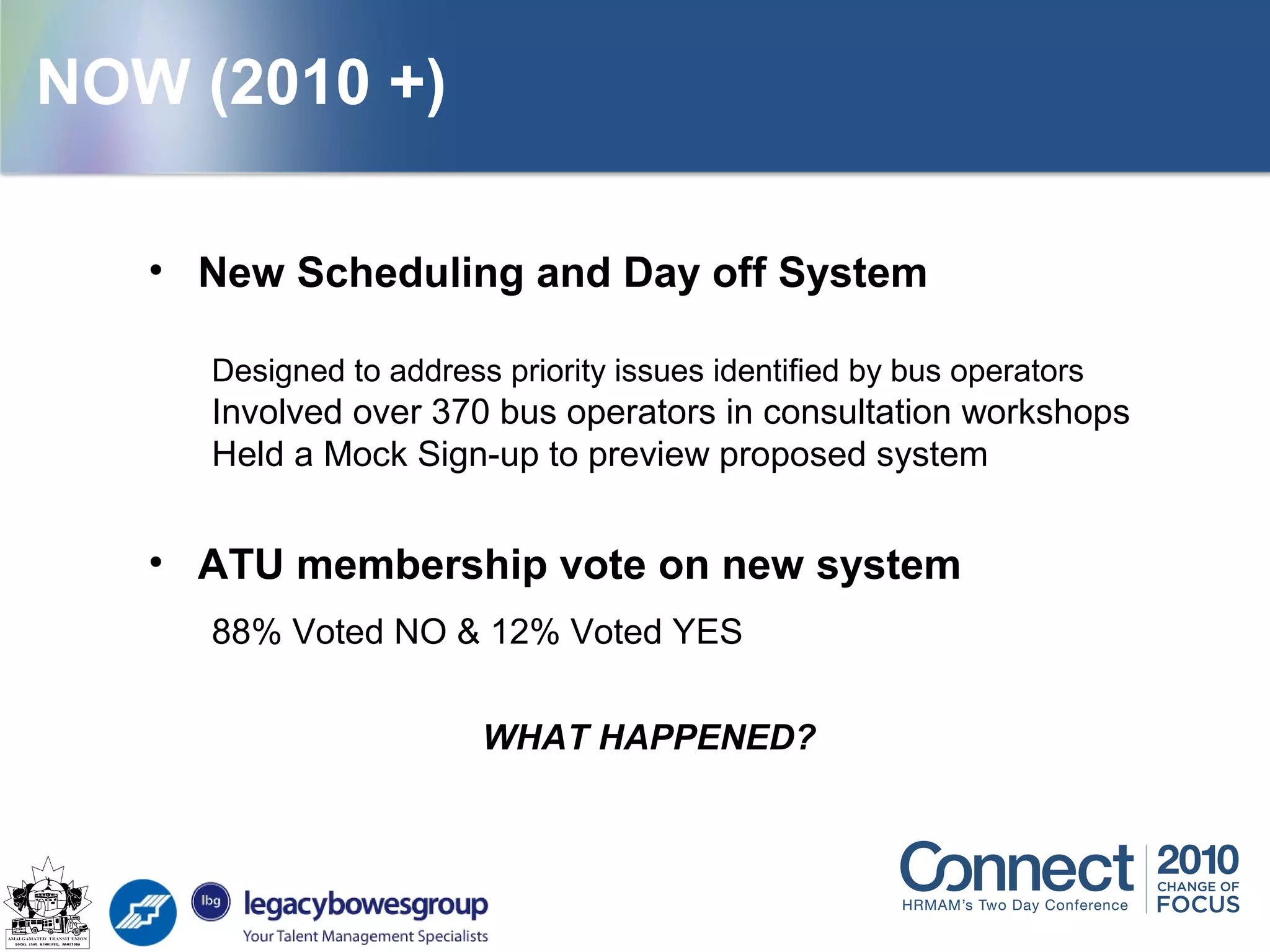 • New Scheduling and Day off System
Designed to address priority issues identified by bus operators
Involved over 370 bus operators in consultation workshops
Held a Mock Sign-up to preview proposed system
• ATU membership vote on new system
88% Voted NO & 12% Voted YES
WHAT HAPPENED?
NOW (2010 +)
 