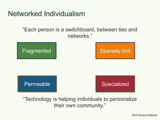 Networked Individualism“Each person is a switchboard, between ties and networks.”Sparsely knitFragmentedSpecializedPermeable“Technology is helping individuals to personalize their own community.”2010 Wang & Wellman
