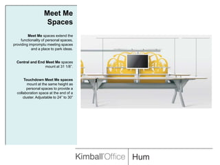 Meet Me SpacesMeet Me spaces extend the functionality of personal spaces, providing impromptu meeting spaces and a place to park ideas.Central and End Meet Me spaces mount at 31 1/8”. Touchdown Meet Me spaces mount at the same height as personal spaces to provide a collaboration space at the end of a cluster. Adjustable to 24” to 30”