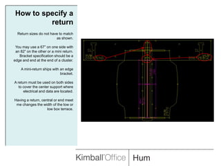 How to specify a returnReturn sizes do not have to match as shown.You may use a 67” on one side with an 82” on the other or a mini return. Bracket specification should be a edge and end at the end of a cluster.A mini-return ships with an edge bracket.A return must be used on both sides to cover the center support where electrical and data are located.Having a return, central or end meet me changes the width of the low or low box terrace.
