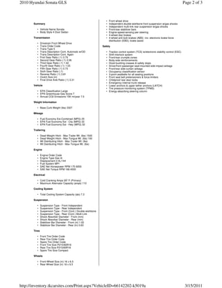2010 Hyundai Sonata GLS                                                                                                                     Page 2 of 3



                                                                   •   Front wheel drive
       Summary                                                     •   Independent double-wishbone front suspension w/gas shocks
                                                                   •   Independent multi-link rear suspension w/gas shocks
          • Vehicle Name Sonata                                    •   Front/rear stabilizer bars
          • Body Style 4 Door Sedan                                •   Engine-speed-sensing pwr steering
                                                                   •   4-wheel disc brakes
       Transmission                                                •   4-wheel anti-lock brakes (ABS) -inc: electronic brake-force
                                                                       distribution (EBD), brake assist
          •    Drivetrain Front Wheel Drive
          •    Trans Order Code                                  Safety
          •    Trans Type 5
          •    Trans Description Cont. Automatic w/OD              •   Traction control system (TCS) w/electronic stability control (ESC)
          •    Trans Description Cont. Again                       •   Shift interlock system
          •    First Gear Ratio (:1) 3.79                          •   Front/rear crumple zones
          •    Second Gear Ratio (:1) 2.06                         •   Body-side reinforcements
          •    Third Gear Ratio (:1) 1.42                          •   Hood buckling creases & safety stops
          •    Fourth Gear Ratio (:1) 1.03                         •   Driver/front passenger seat-mounted side-impact airbags
          •    Fifth Gear Ratio (:1) 0.73                          •   Front/rear side-curtain airbags
          •    Sixth Gear Ratio (:1)                               •   Occupancy classification sensor
          •    Reverse Ratio (:1) 3.81                             •   3-point seatbelts for all seating positions
          •    Clutch Size (in)                                    •   Front seat belt pretensioners & force limiters
          •    Final Drive Axle Ratio (:1) 3.31                    •   Childproof rear door locks
                                                                   •   Emergency internal trunk release
       Vehicle                                                     •   Lower anchors & upper tether anchors (LATCH)
                                                                   •   Tire pressure monitoring system (TPMS)
          • EPA Classification Large                               •   Energy-absorbing steering column
          • EPA Greenhouse Gas Score 7
          • Annual CO2 Emissions 15K mi/year 7.5

       Weight Information

          • Base Curb Weight (lbs) 3327

       Mileage

          • Fuel Economy Est-Combined (MPG) 25
          • EPA Fuel Economy Est - City (MPG) 22
          • EPA Fuel Economy Est - Hwy (MPG) 32

       Trailering

          •    Dead Weight Hitch - Max Trailer Wt. (lbs) 1500
          •    Dead Weight Hitch - Max Tongue Wt. (lbs) 150
          •    Wt Distributing Hitch - Max Trailer Wt. (lbs)
          •    Wt Distributing Hitch - Max Tongue Wt. (lbs)

       Engine

          •    Engine Order Code
          •    Engine Type Gas I4
          •    Displacement 2.4L/144
          •    Fuel System MPI
          •    SAE Net Horsepower RPM 175 6000
          •    SAE Net Torque RPM 168 4000

       Electrical

          • Cold Cranking Amps 0Â° F (Primary)
          • Maximum Alternator Capacity (amps) 110

       Cooling System

          • Total Cooling System Capacity (qts) 7.3

       Suspension

          •    Suspension Type - Front Independent
          •    Suspension Type - Rear Independent
          •    Suspension Type - Front (Cont.) Double-wishbone
          •    Suspension Type - Rear (Cont.) Multi-Link
          •    Shock Absorber Diameter - Front (mm)
          •    Shock Absorber Diameter - Rear (mm)
          •    Stabilizer Bar Diameter - Front (in) 1.02
          •    Stabilizer Bar Diameter - Rear (in) 0.63

       Tires

          •    Front Tire Order Code
          •    Rear Tire Order Code
          •    Spare Tire Order Code
          •    Front Tire Size P215/60R16
          •    Rear Tire Size P215/60R16
          •    Spare Tire Size Compact

       Wheels

          • Front Wheel Size (in) 16 x 6.5
          • Rear Wheel Size (in) 16 x 6.5




http://inventory.tkcarsites.com/Print.aspx?VehicleID=66142202-k5019a                                                                         3/15/2011
 